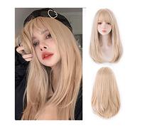 Perruque Cosplay Pour femmes Perruques blondes avec frange, perruques synthétiques résidentes à la chaleur naturelle for femmes longues perruques dorées droites avec frange for une utilisation quotidi