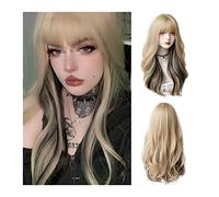 Perruque Cosplay Pour femmes Perruques de cheveux synthétiques longs ondulés bouclés avec frange, reflets blonds perruques de fête cosplay Lolita noires, perruques naturelles bouclées résistantes à la