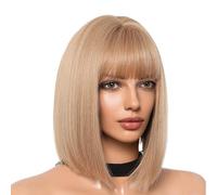 Perruque coupe carrée droite - Perruque courte pour femme - Perruque courte et droite - Frange synthétique naturelle résistante à la chaleur - Perruque courte avec dentelle pour femme