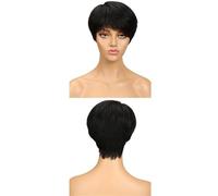 Perruque coupe lutin cheveux humains sans colle Wear and Go perruque avec frange perruques courtes for femmes, casquette légère et respirante(Black)