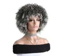 Perruque courte afro bouclée grise de 30 cm for femme, perruque synthétique frisée avec frange for usage quotidien Effet naturel et Volumineux
