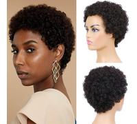 Perruque Courte Afro Cheveux Humains Bouclés pour Femmes, Perruques Moelleuses Fabriquées à la Machine, Aspect Naturel, Cheveux Brillants de Rechange, Couleur Noire