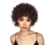 Perruque courte afro frisée, coupe au carré naturelle en cheveux humains brésiliens Remy avec frange for femmes Effet naturel et Volumineux(Brown)