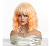 Perruque courte au carré avec frange orange jaune longueur épaules perruques pour femmes, bouclées et ondulées perruque de fête, Halloween, cosplay, pour filles, usage quotidien