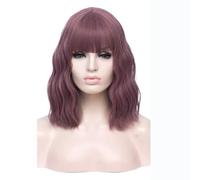 Perruque courte au carré avec frange, perruque synthétique ondulée et bouclée mi-longueur, idéale for costumes et cosplay. Effet naturel et Volumineux(Purple)