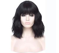 Perruque courte au carré avec frange, perruque synthétique ondulée et bou mi-longueur, idéale for costumes et cosplay. pour Femme Charmant(Black)