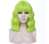 Perruque courte au carré avec frange, perruque synthétique ondulée et bouclée mi-longueur, idéale for costumes et cosplay.(Green)