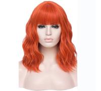 Perruque courte au carré avec frange, perruque synthétique ondulée et bouclée mi-longueur, idéale for costumes et cosplay. Effet naturel et Volumineux(Orange)