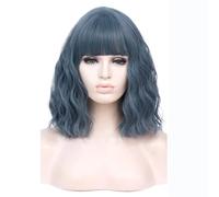 Perruque courte au carré avec frange, perruque synthétique ondulée et bouclée mi-longueur, idéale for costumes et cosplay. Effet naturel et Volumineux(Blue)