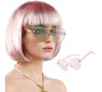 Perruque Courte Au Néon Pour Femmes Avec Lunettes De Soleil - Perruques Colorées En Cheveux Synthétiques Pour Costumes D'halloween, Festivals De Musique De Noël
