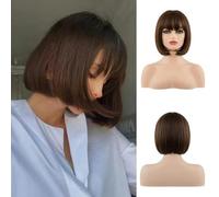 Perruque courte avec frange complète, perruques synthétiques de couleur naturelle pour femmes noires et blanches, Halloween, Noël, Cosplay, cheveux Lolita-marron