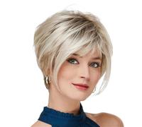 Perruque courte blonde bouclée, cheveux synthétiques ondulés naturels avec frange, coupe dégradée et volumineuse for femmes blanches Effet naturel et Volumineux