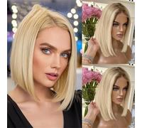 Perruque Courte Blonde Ombrée, Coupe Au Carré, Avec Lace Suisse Pour Balayage Et Nœuds Décolorés