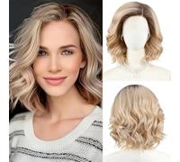 Perruque Courte Blonde Ombrée Synthétique Avec Cheveux De Bébé, Coupe Au Carré Dégradée, Longueur Aux Épaules, En Fibre Résistante À La Chaleur, Pour Un Usage Quotidien