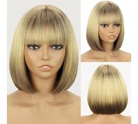 Perruque courte blonde WERD pour femme, perruques marron clair avec frange, m ches blondes m lang es, pour usage quotidien, cosplay