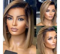 Perruque courte Bob 12 pouces, cheveux humains raides, perruque en dentelle 13x1, perruque sans colle, perruque marron dégradée résistante à la chaleur, adaptée aux fêtes des femmes porter