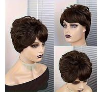 Perruque courte Bob 6 pouces Pixie Cut Wig Cheveux humains Full Machine Wig Perruque sans colle avec frange for femmes noires Port quotidien Pixie Cut Wig Perruque de cheveux humains(Dark brown)