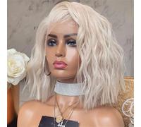 Perruque courte Bob blanche platine blonde ondulée avec cheveux de bébé, sans colle, dentelle transparente HD 13 x 6, cheveux humains for femme, densité 150%(150% 13x6,10 Inch)