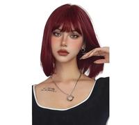 Perruque courte Bob de 30 cm avec frange for femme, perruque synthétique tendance for un usage quotidien Effet naturel et Volumineux(Wine red)