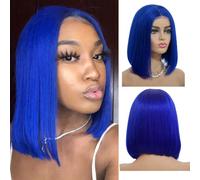 Perruque courte Bob droite, perruque en dentelle HD 13x4, perruque sans colle, cheveux humains, avec cheveux de bébé, aspect naturel, for les femmes noires, jeu de rôle quotidien.(Blue)