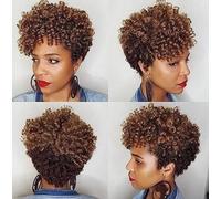 Perruque courte bouclée africaine for femme, avec frange, perruque courte bouclée marron ombré, perruque de cheveux bouclés doux et moelleux, adaptée au jeu de rôle quotidien des femmes porter。
