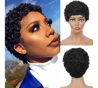 Perruque courte bouclée cheveux humains coupe lutin, perruque courte bouclée 6 pouces, perruque synthétique résistante à la chaleur, noir naturel, for les femmes noires quotidienne en utiliser.