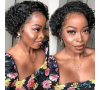 Perruque courte bouclée coupe cheveux humains, 6 pouces courte perruque noire bouclée lutin, 13x1 dentelle vague profonde perruque cheveux humains coupe lutin perruque, utilisation cosplay fête.