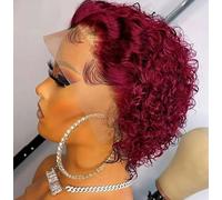 Perruque courte bouclée coupe lutin cheveux humains, perruque courte bouclée Bob 6 pouces,perruque cheveux humains perruque en dentelle HD 13x1, utilisation quotidienne cosplay de fête.(Wine red)