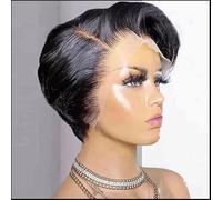 Perruque courte bouclée coupe lutin, perruque courte bouclée Pixie de 6 pouces cheveux humains, perruque en dentelle 13x4x1, for femmes noires, utilisation quotidienne de cosplay de fête.(Black)