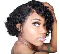 Perruque courte bouclée de 12 pouces avec dentelle sur le devant, perruque noire courte, aspect naturel, fibre haute température, cheveux afro ondulés pour un usage quotidien, cosplay, soirées à th