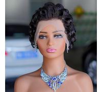 Perruque courte bouclée en cheveux humains 13x4 en dentelle Perruque elfe sans colle avec cheveux de bébé for femmes noires Vêtements de jeu de rôle de fête de tous les jours utiliser(Black)