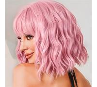 Perruque courte bouclée for femme avec frange complète, perruque ondulée rose rouge marron de 12 pouces, perruque de rôle for femme, fête, bal(Color:Pink)