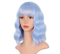 Perruque courte bouclée for femme avec frange complète, perruque ondulée rose rouge marron de 12 pouces, perruque de rôle for femme, fête, bal(Color:Blue)