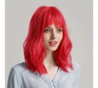 Perruque courte bouclée for femme avec frange complète, perruque ondulée rose rouge marron de 12 pouces, perruque de rôle for femme, fête, bal(Color:Red)