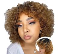 Perruque courte bouclée ombrée en pour femmes noires, sans colle, blonde ombrée bouclée avec frange, fabriqués à la machine