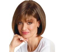 Perruque courte brune avec mèches blondes, coupe au carré, dégradée, cheveux raides, raie sur le côté, racines foncées, cheveux synthétiques naturels for femmes Effet naturel et Volumineux