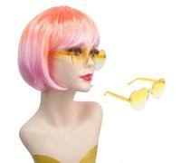 Perruque Courte Colorée Avec Frange Plate - Perruque Synthétique Arc-en-ciel Cosplay Et Lunettes De Soleil Pour Femmes Adultes Cadeaux De Fête De Carnaval