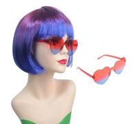 Perruque Courte Colorée Avec Frange Plate - Perruque Synthétique Arc-en-ciel Cosplay Et Lunettes De Soleil Pour Femmes Adultes Cadeaux De Fête De Carnaval