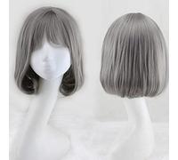 Perruque Courte de Cheveux de Bob, Perruque Moelleuse Respirante Grise Synthétique Résistante à la Chaleur avec une Frange pour la Fête de Cosplay