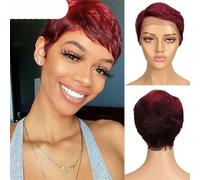 Perruque courte en cheveux humains avec dentelle en T pour femmes, perruque brésilienne 613 naturelle pré-épilée sans colle ombrée - 8 pouces - rouge bordeaux