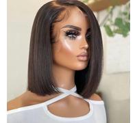 Perruque courte en cheveux humains avec dentelle frontale pour femmes noires, perruque brésilienne HD 13x4 en cheveux humains raides pré-épilés - 14 pouces - 150%