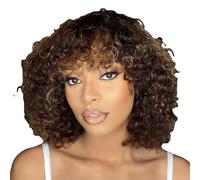Perruque courte, en cheveux humains avec frange, Jerry-Curly, sans dentelle sur le devant, mèches, blond miel