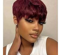Perruque courte en cheveux raides, cheveux brésiliens, perruques en cheveux humains avec frange, perruque bordeaux 99J P4/30#4, perruque sans colle bon marché - 8 pouces - # 99J