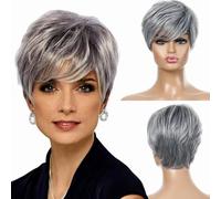 Perruque courte en cheveux synthétiques pour femmes européennes et américaines, mélange quotidien de couleurs, gris argenté, couvre-tête en fibre chimique - gris argenté