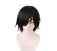 Perruque courte en fibre résistante à la chaleur pour homme Himeno + bonnet de perruque + patch pour les yeux Noir