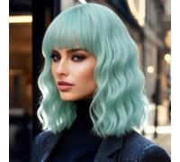 Perruque courte et bou pour femme - Vert menthe - 35,6 cm - Pour cosplay, Halloween - Cheveux synthétiques avec frange ordonnée et bonnet de perruque gratuit (vert menthe)