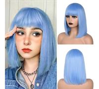 Perruque courte et droite pour femme, perruque synthétique marron à blonde ombrée, cheveux naturels résistants à la chaleur, perruque rose avec frange-4020-12 pouces