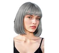 Perruque courte et lisse de 30 cm (12 pouces) avec frange, style carré, en fibres synthétiques, idéale for le quotidien, les fêtes, Halloween et le cosplay. Effet naturel et Volumineux(Gray)