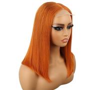 Perruque courte et lisse en cheveux humains, style bob, couleur gingembre orange, avec lace frontale transparente HD 4x4, for femmes.(Ginger-180%,8inch)