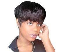 Perruque courte for femme 6 pouces Pixie Short Wig Cheveux humains Aspect naturel Perruque sans colle avec frange Entièrement fabriquée à la machine for les femmes Tenue de fête quotidienne(Black)
